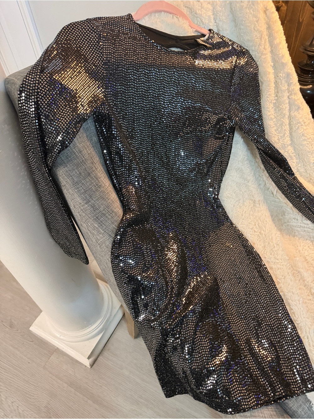 Metallic Black Long-Sleeve Sequin Dress